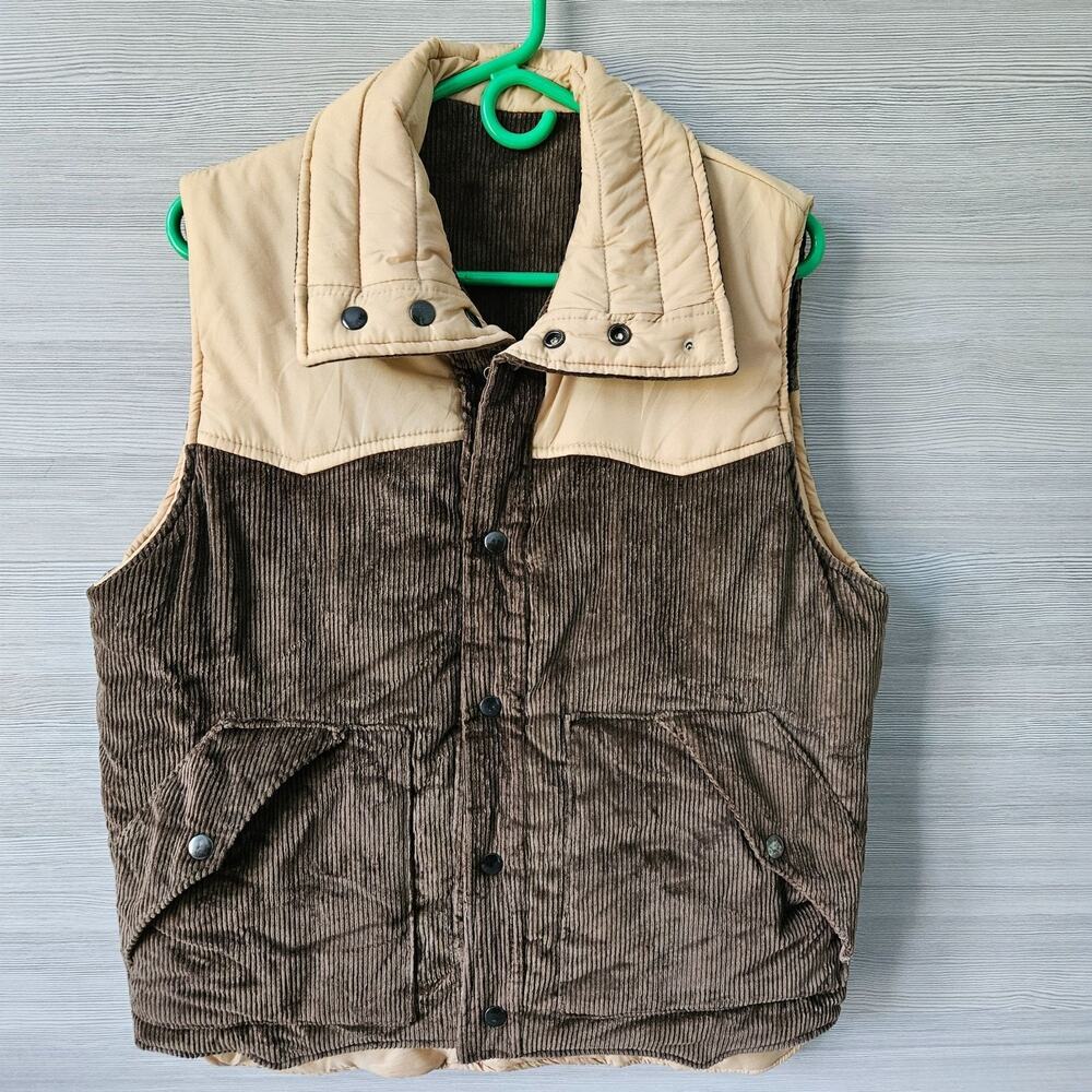 Vintage 70s 80s Western Yolk Country Corduroy Nylon REVERSIBLE Quilt Vest Size M